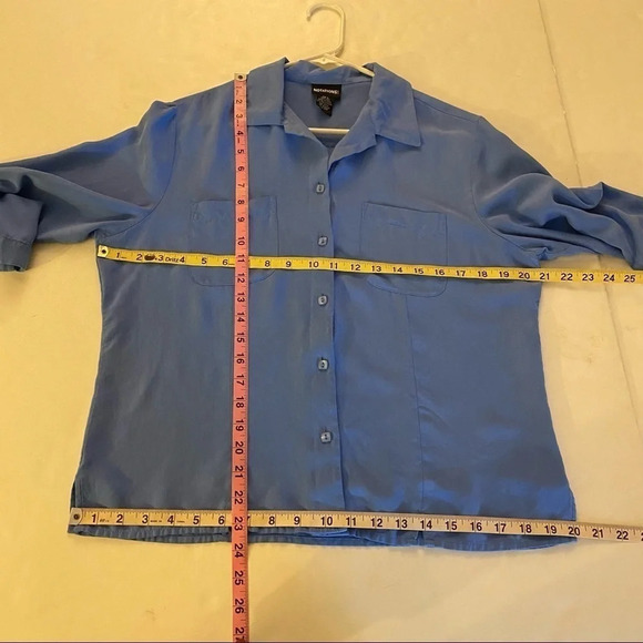 Vintage 90s 100% Silk Button Down Blouse Size Large Blue Half Sleeve Shirt Top - Picture 9 of 11